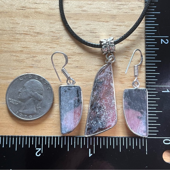 New Pink Rhodonite Stone Silver Overlay Pendant Earrings Necklace Set w Cord - Picture 6 of 8